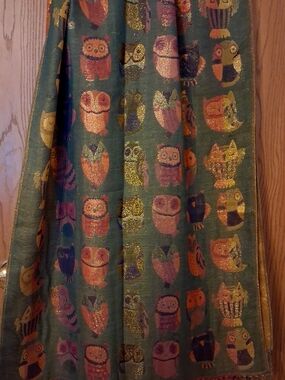POSHMINA Green Owl Print SCARF with Metallic Accents
